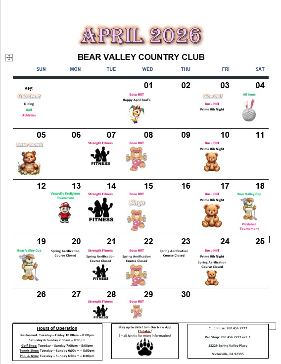 Bear Valley Country Club April Schedule